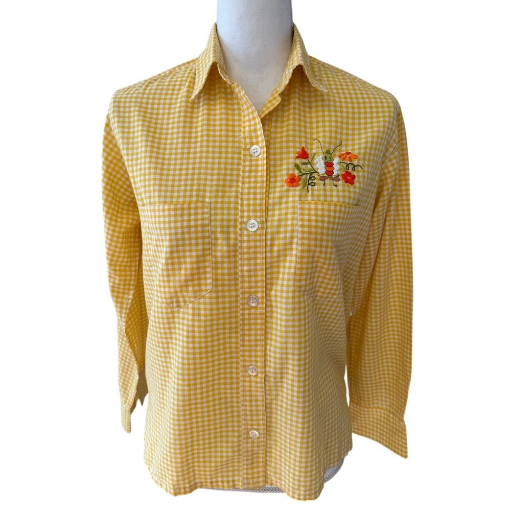 Vintage 70s Helen Cerda Embroidered Shirt Yellow Gingham Avocado Butterfly